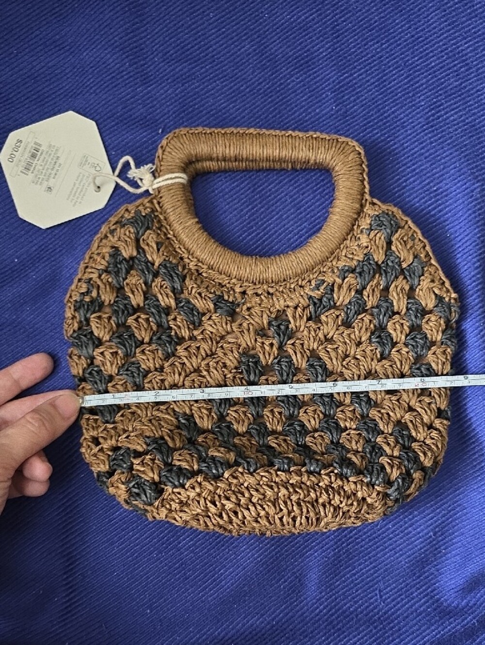 Woven Brown and Black Straw Handbag with Top Handle - Picture 3 of 6